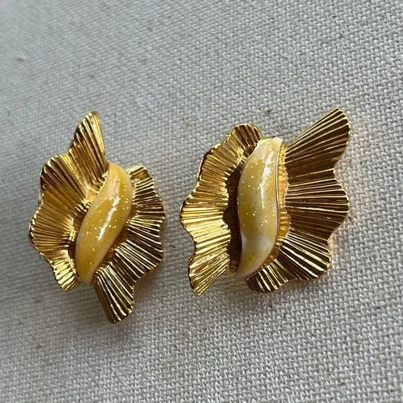 Vintage Gold Ruffle Earrings with Glitter Enamel Accent - Picture 2 of 5